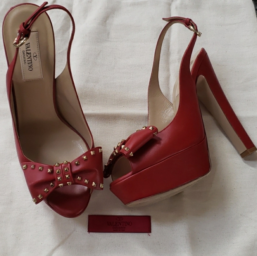Valentino Red Platform Heels with Studded Bow